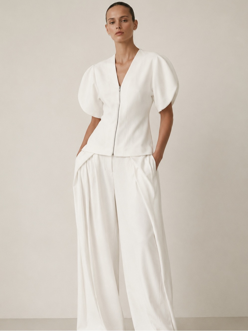 Zara White Sculptural Puff Sleeve Zip Front Blouse Top NWT Size S